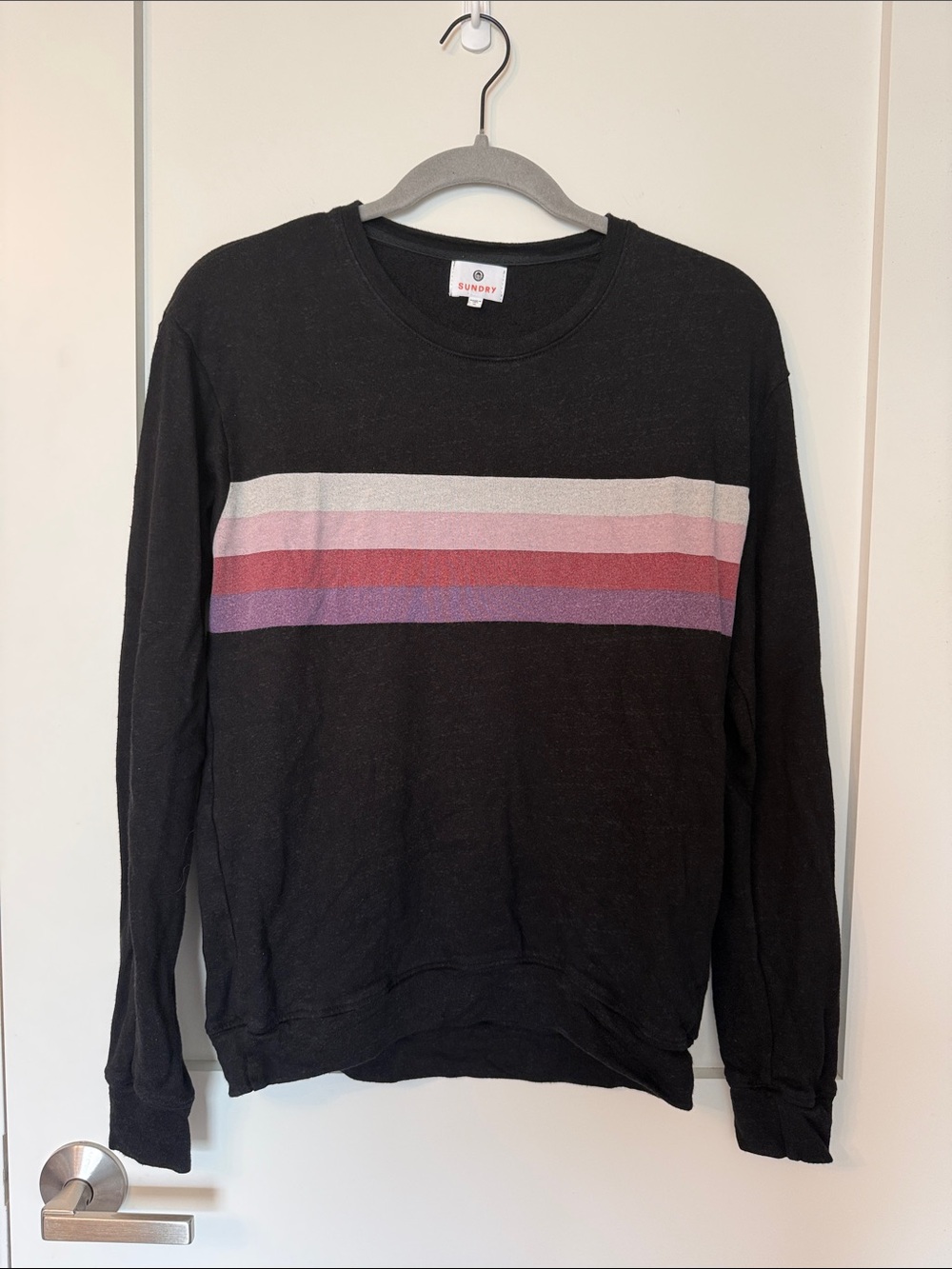 Sundry Black Crewneck light weight Sweater with Cream, Pink and Purple Stripes